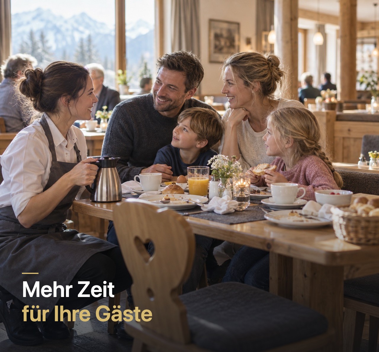 Mitarbeiterin im Gespräch mit einer Gastfamilie beim Frühstück