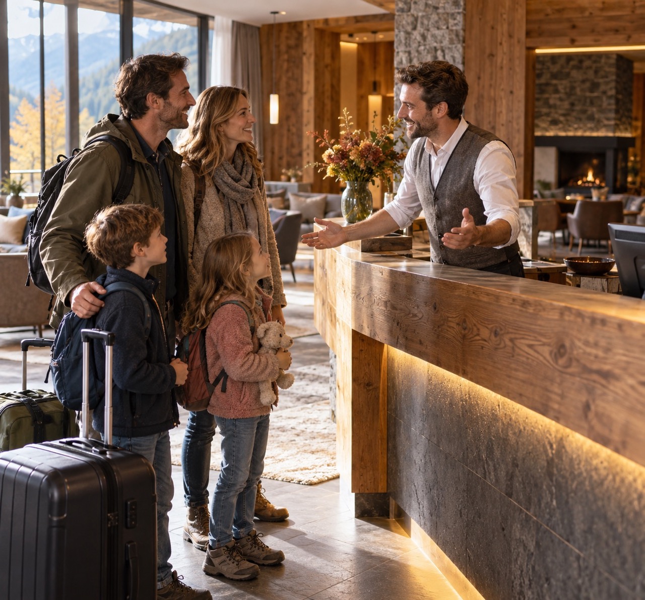 Rezeptionist begrüßt eine ankommende Familie an der Rezeption
