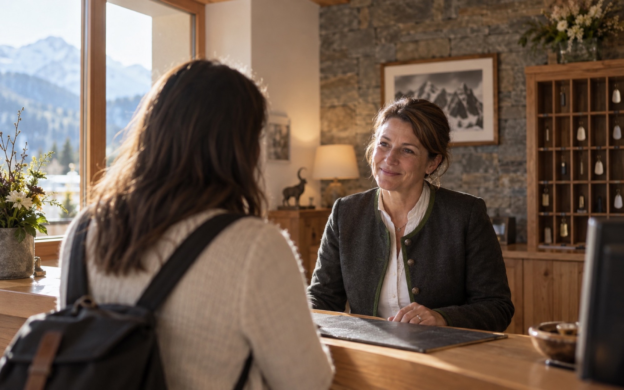 Rezeption eines Hotels, Mitarbeiterin im Gespräch mit einem Gast