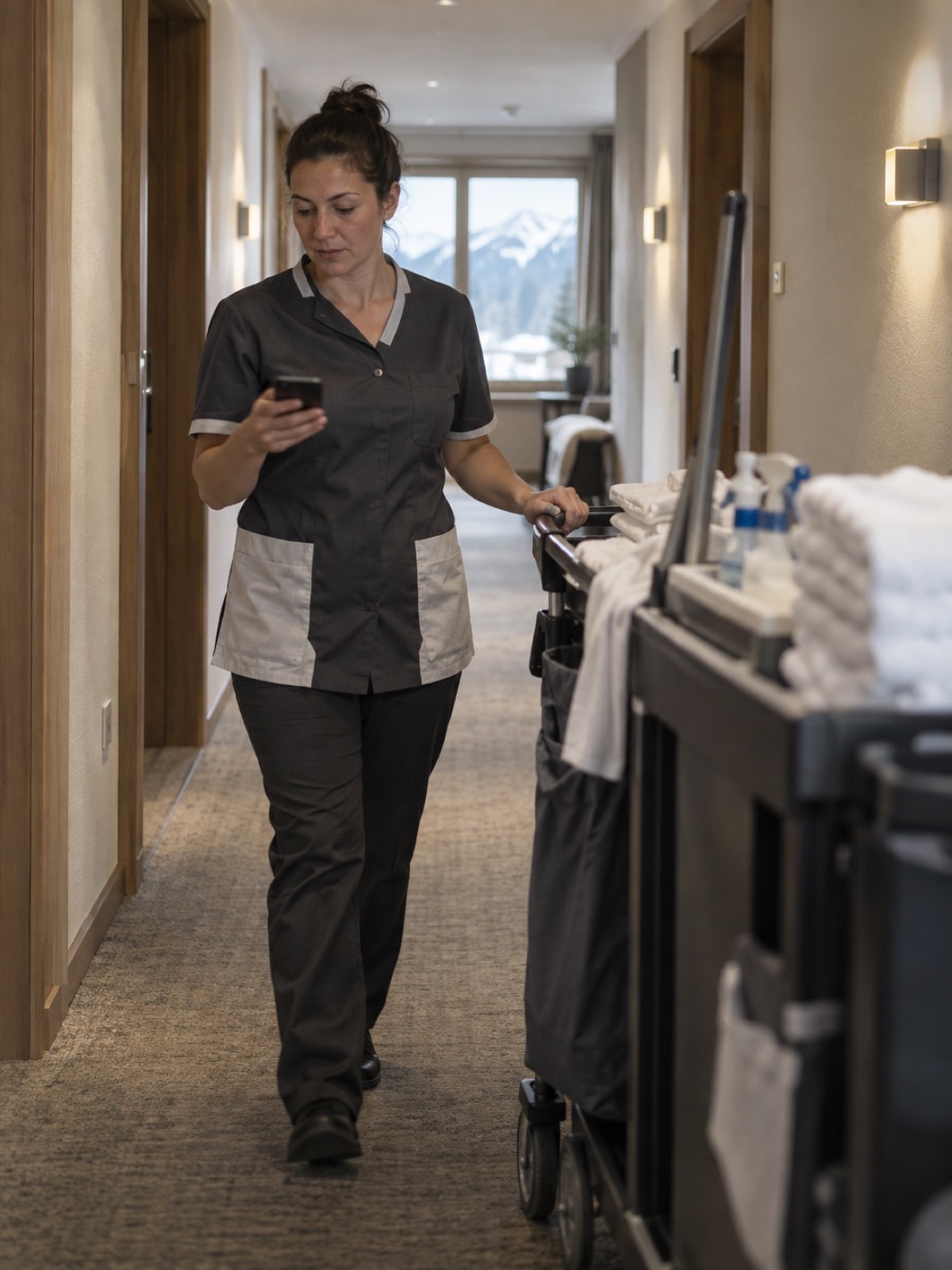 Housekeeping im Flur mit mobilem Gerät