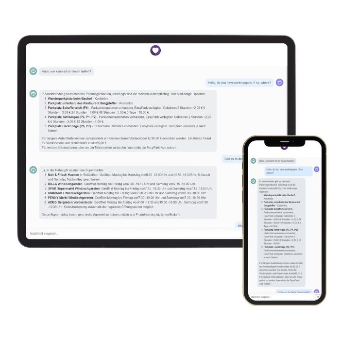iButler Chatbot on tablet and smartphone with an example conversation about parking spaces and supermarkets