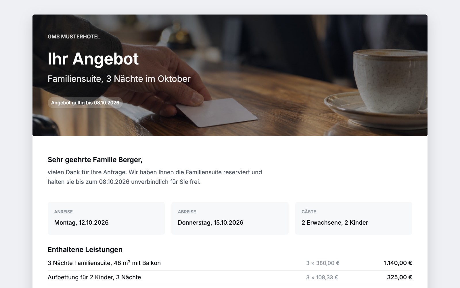 Vorschau des Angebots, wie der Gast es erhält