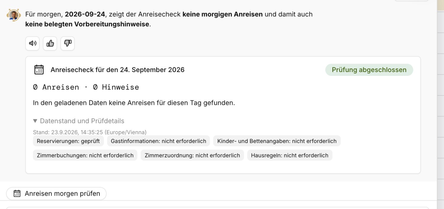 Anreisecheck mit Prüfdetails und Zeitstempel