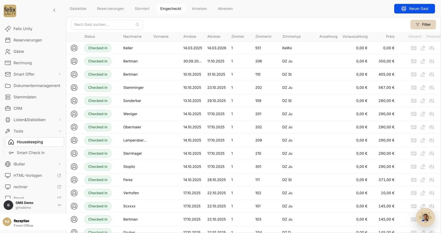 Housekeeping tool in felixUnity: guest list with Checked in status, room, room type and price