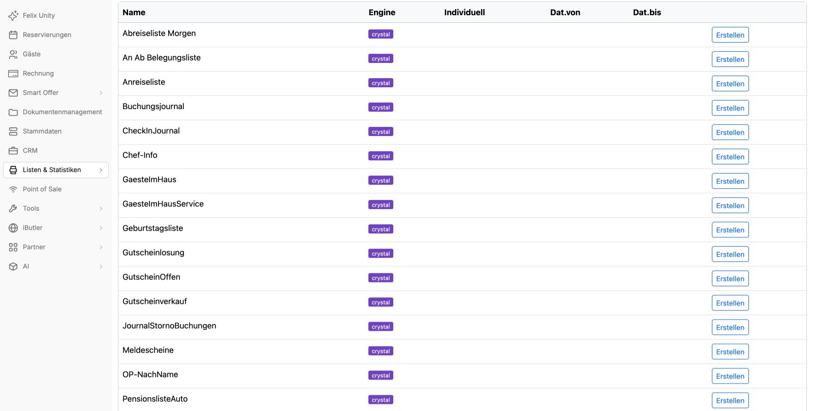 Listen und Statistiken in felixUnity: Anreiseliste, Belegungsliste, Buchungsjournal und Meldescheine